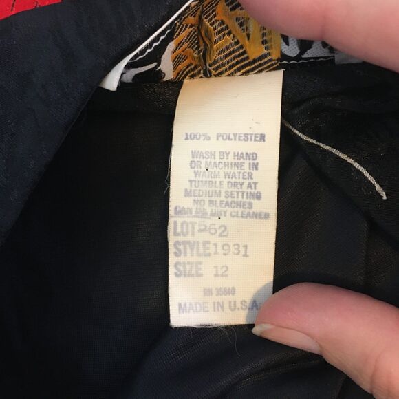 Le Art Vintage 80s Black w/Bold Pattern Drop Waist Dress 40 bust Secretary sz 12 - Picture 9 of 9